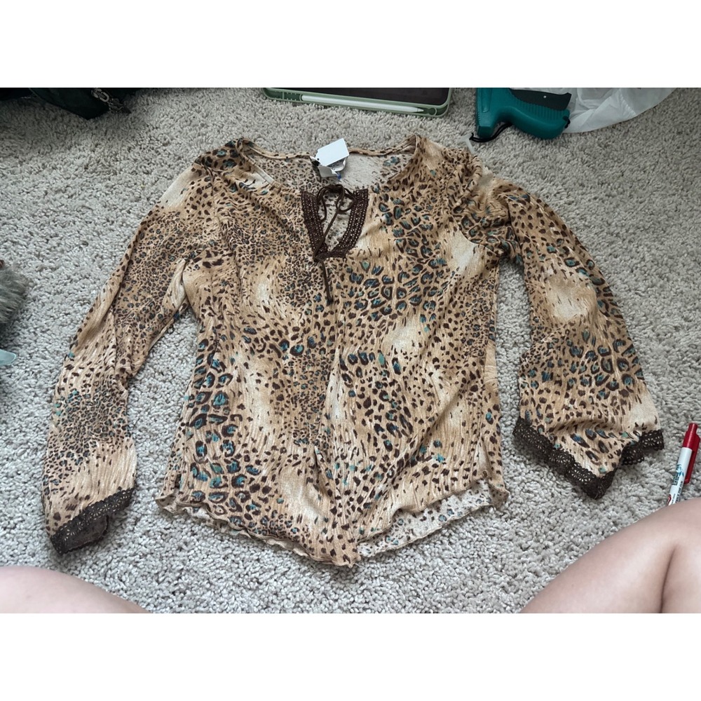 Leopard Print Lace Up Top Boho Crochet Trim Y2K Animal Print Blouse Petite